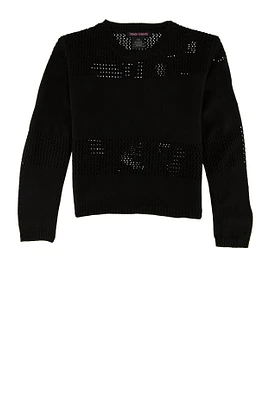 Girls Crochet Detail Pullover Sweater, Black, Size 10-12