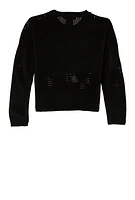 Girls Crochet Detail Pullover Sweater, Black, Size 7-8