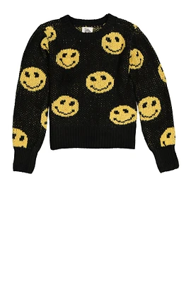 Girls Smiley Graphic Knit Sweater, Black,