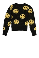 Girls Smiley Graphic Knit Sweater, Black,