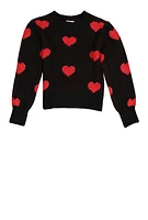 Girls Heart Print Sweater, Black, Size 7-8