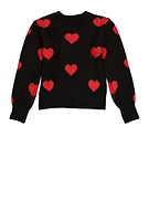 Girls Heart Print Sweater, Black, Size 7-8