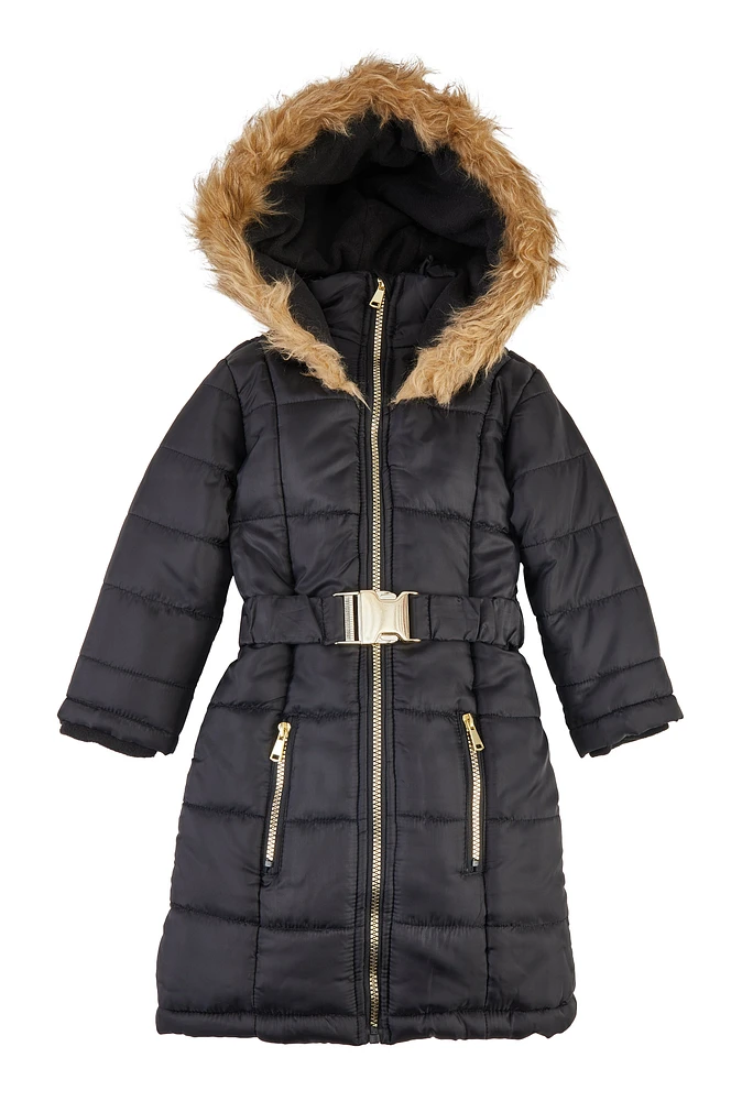 Little Girls Faux Fur Trim Zip Front Long Puffer Jacket, Black, Size 5-6