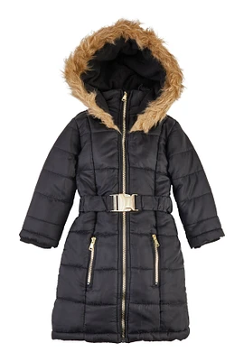 Little Girls Faux Fur Trim Zip Front Long Puffer Jacket, Black, Size 4