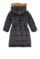 Little Girls Faux Fur Trim Zip Front Long Puffer Jacket, Black,