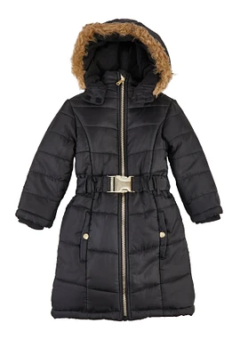 Little Girls Hooded Long Puffer Jacket, Black, Size 4