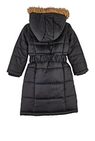 Little Girls Hooded Long Puffer Jacket, Black, Size 6X