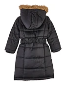 Little Girls Hooded Long Puffer Jacket, Black, Size 5-6