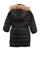 Little Girls Belted Hooded Long Puffer Jacket, Black, Size 6X