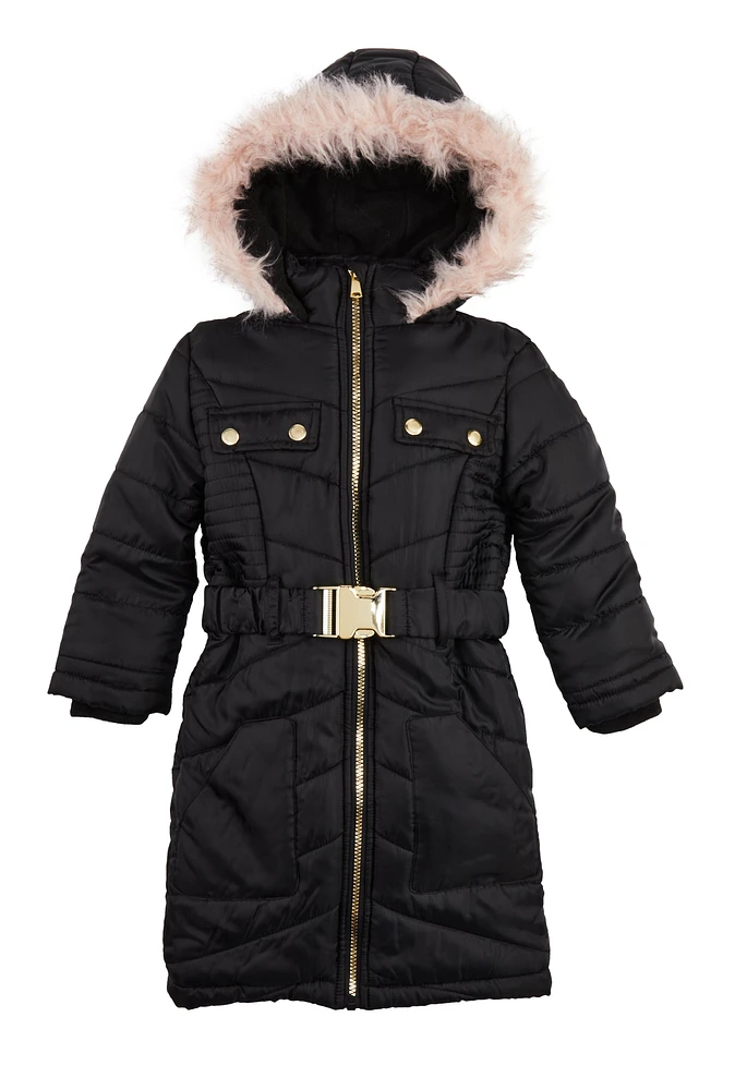 Little Girls Belted Long Puffer Jacket, Black, Size 4