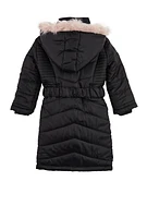 Little Girls Belted Long Puffer Jacket, Black, Size 4