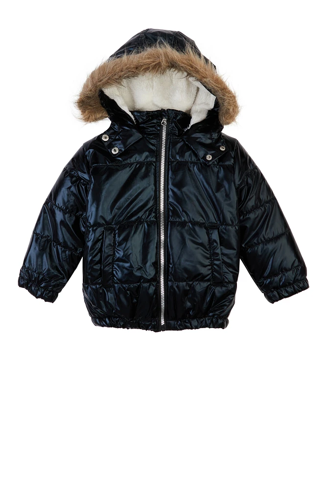 Little Girls Metallic Faux Fur Trim Puffer Jacket, Black,
