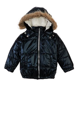Little Girls Metallic Faux Fur Trim Puffer Jacket, Black,