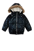 Little Girls Metallic Faux Fur Trim Puffer Jacket, Black,