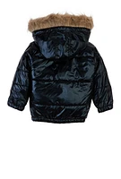 Little Girls Metallic Faux Fur Trim Puffer Jacket, Black,