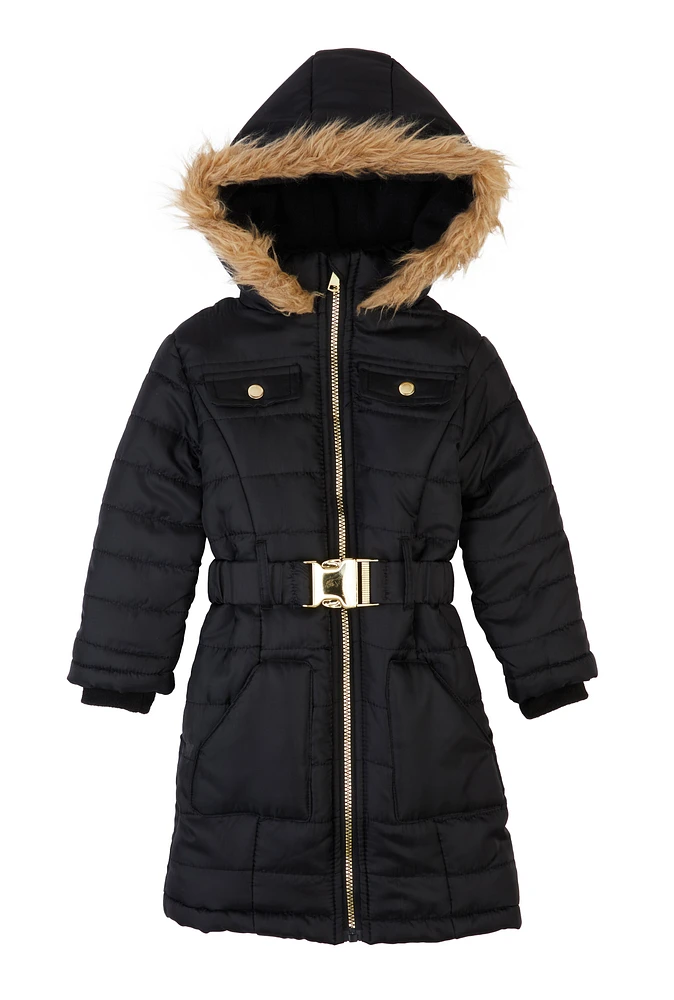 Little Girls Faux Fur Trim Hooded Puffer Jacket,