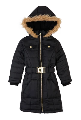 Little Girls Faux Fur Trim Hooded Puffer Jacket,