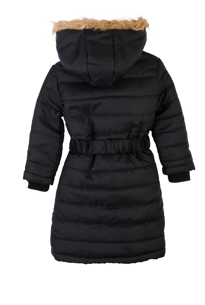 Little Girls Faux Fur Trim Hooded Puffer Jacket, Black, Size 4