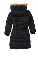 Little Girls Faux Fur Trim Hooded Puffer Jacket, Black, Size 6X