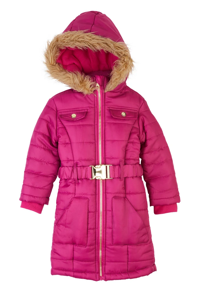 Little Girls Faux Fur Trim Hooded Puffer Jacket, Pink, Size 6X