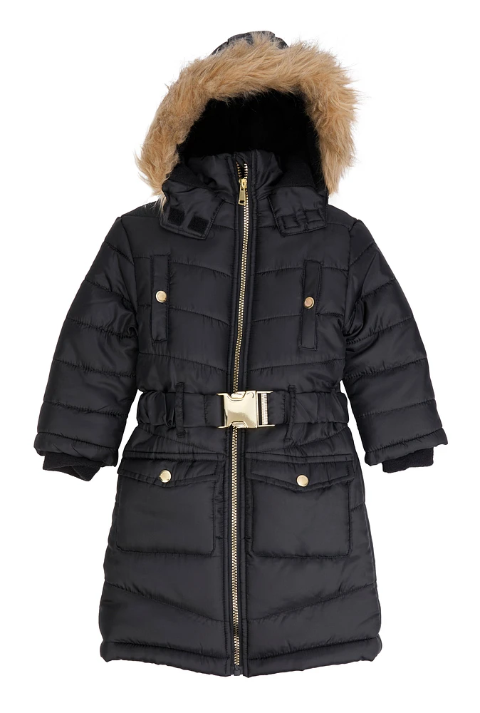 Little Girls Hooded Belted Long Puffer Jacket, Black, Size 5-6