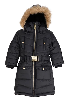 Little Girls Hooded Belted Long Puffer Jacket, Black, Size 5-6