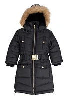 Little Girls Hooded Belted Long Puffer Jacket, Black, Size 5-6