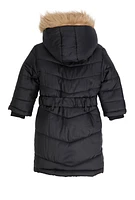 Little Girls Hooded Belted Long Puffer Jacket, Black, Size 5-6
