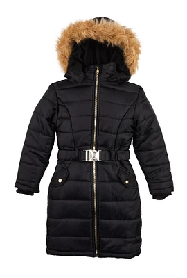 Girls Faux Fur Hooded Long Puffer Jacket, Black, Size 10-12