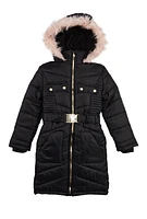 Girls Belted Long Puffer Jacket, Black, Size 7-8