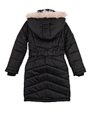 Girls Belted Long Puffer Jacket, Black, Size 7-8