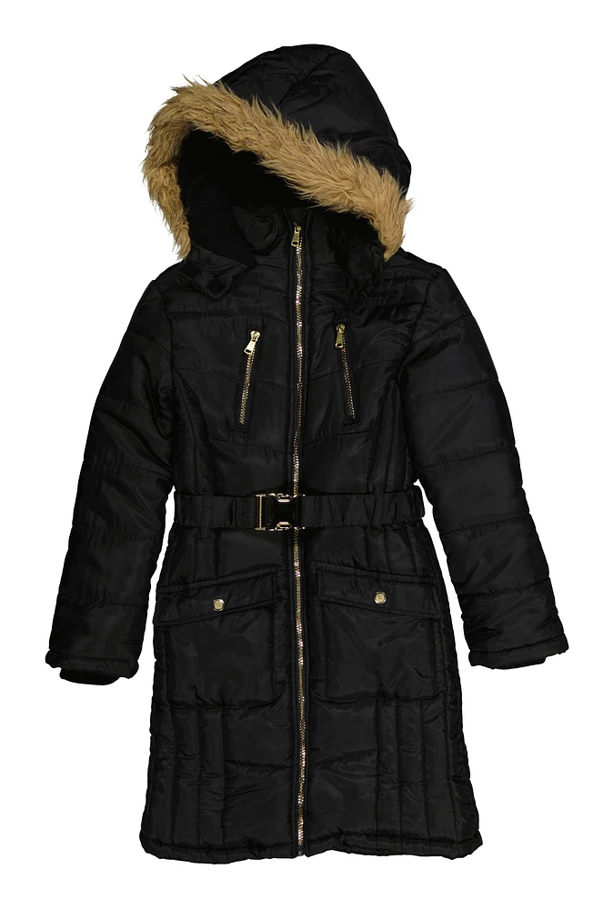 Girls Faux Fur Trim Hooded Puffer Jacket, Black, Size 10-12