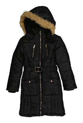 Girls Faux Fur Trim Hooded Puffer Jacket, Black, Size 10-12