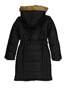 Girls Faux Fur Trim Hooded Puffer Jacket, Black, Size 10-12