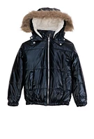 Girls Metallic Hooded Puffer Jacket, Black, Size 7-8