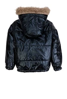 Girls Metallic Hooded Puffer Jacket, Black, Size 7-8