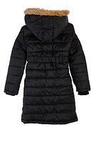 Girls Faux Fur Trim Zip Front Long Puffer Jacket, Black, Size 10-12