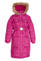 Girls Faux Fur Trim Zip Front Long Puffer Jacket, Pink,