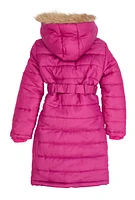 Girls Faux Fur Trim Zip Front Long Puffer Jacket, Pink,