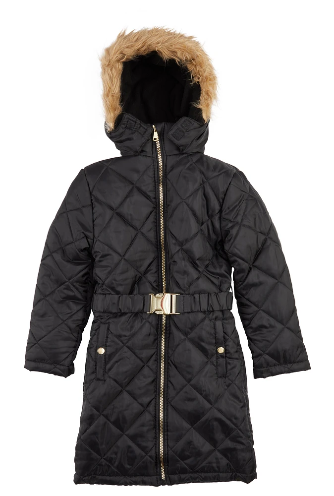 Girls Belted Quilted Jacket, Black, Size 10-12