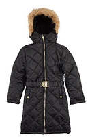 Girls Belted Quilted Jacket, Black, Size 10-12