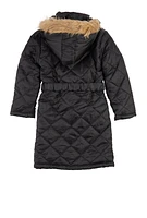 Girls Belted Quilted Jacket, Black, Size 10-12