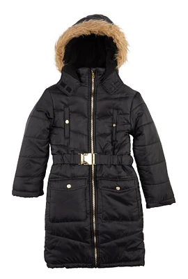 Girls Zip Front Hooded Puffer Jacket, Black, Size 10-12