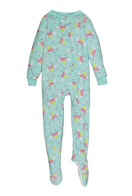 Girls Fleece Unicorn Floral Print Footed Pajamas, Blue, Size 10-12