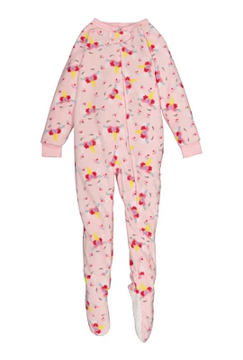 Girls Fleece Unicorn Floral Print Footed Pajamas, Pink, Size 4