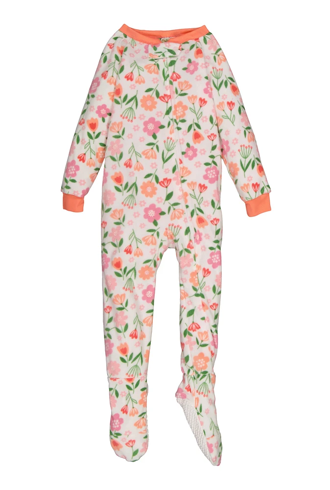 Girls Floral Print Footed Pajamas, White, Size 5-6