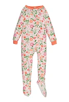 Girls Floral Print Footed Pajamas, White, Size 7-8
