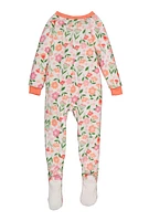 Girls Floral Print Footed Pajamas, White, Size 5-6