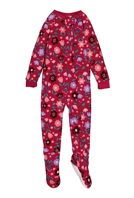 Girls Floral Print Footed Pajamas, Burgundy, Size 4