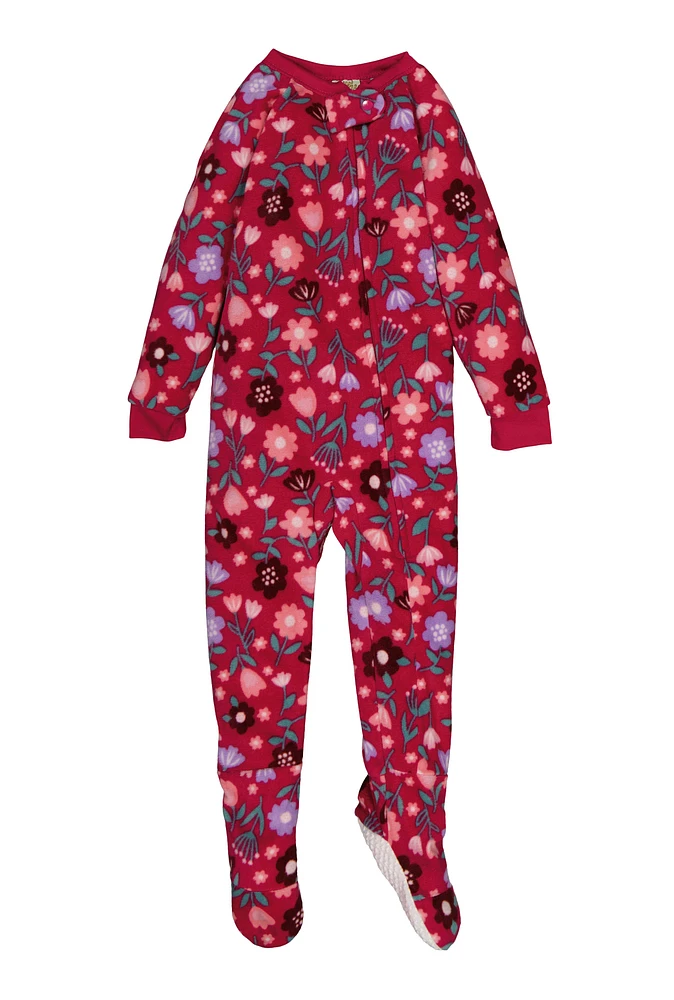 Girls Floral Print Footed Pajamas, Burgundy, Size 5-6